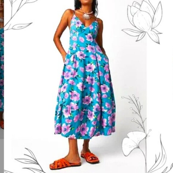 Free People Dresses & Skirts - NWT FREE PEOPLE FINER THINGS TEAL FLORAL STRAPPY BOHO MIDI SUNDRESS M